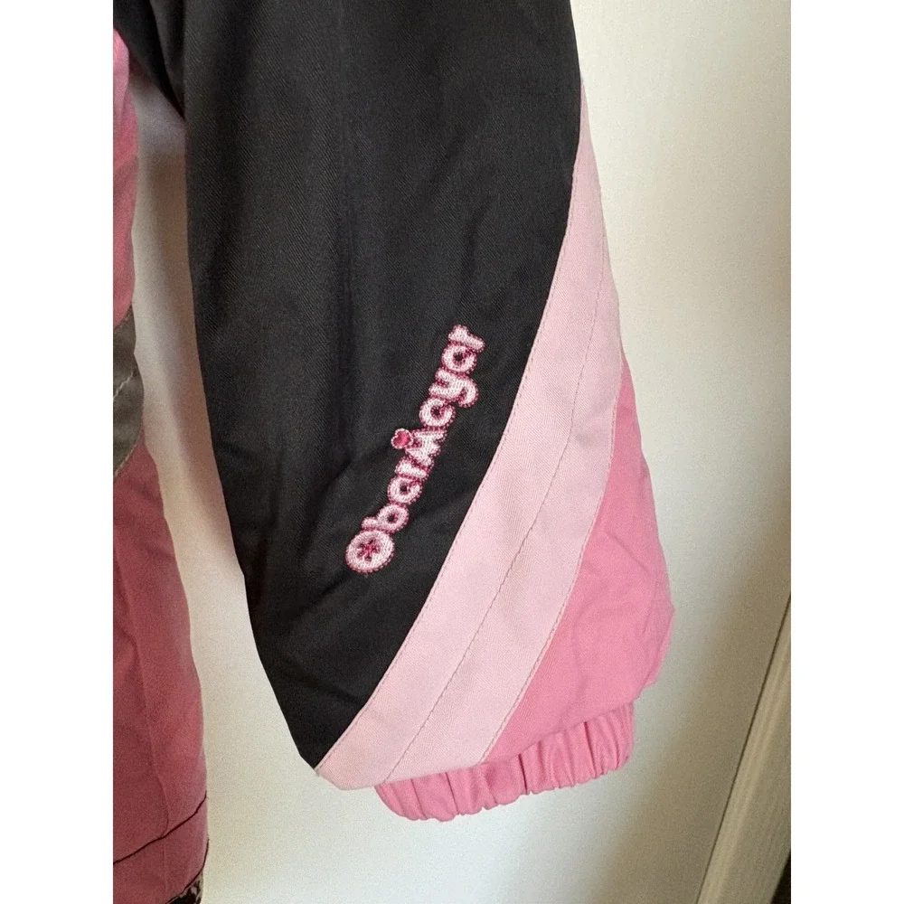 Obermeyer Hooded Girls Pink and Black Ski Jacket White Faux Trim Size 6